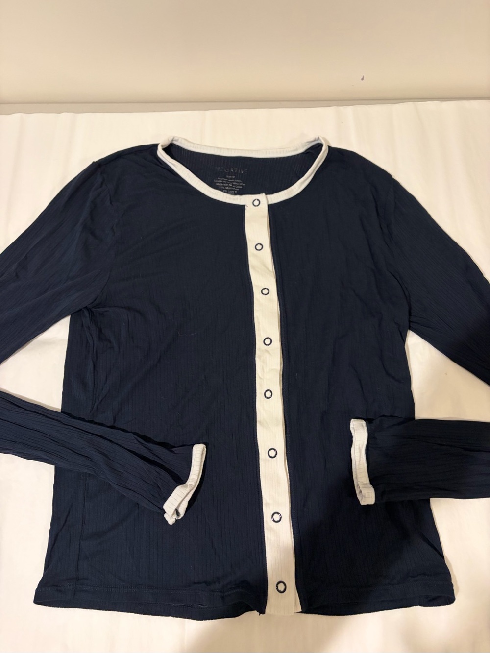 Negative Underwear Navy Blue Long Sleeve Button-Front Top with White Trim